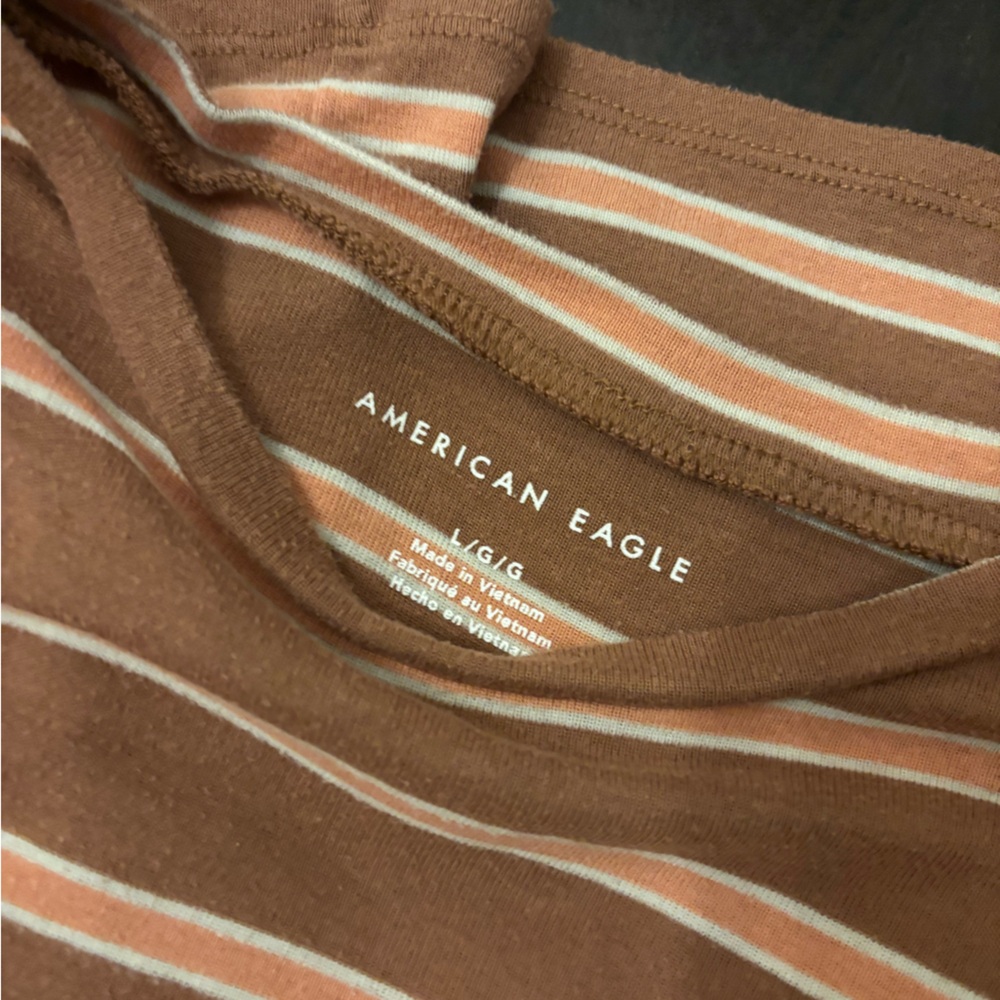 A striped short sleeve American eagle shirt.
